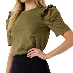 NWT English Factory Olive Puff Sleeve Top Size Medium